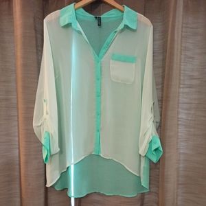 Maurices Sheer Green & White Color block Blouse 1X